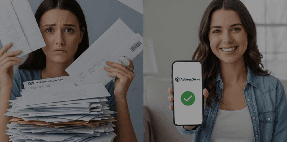 Split image: Left shows a worried woman with a stack of envelopes; right shows a smiling woman displaying a phone using AddressGenie with a checkmark.