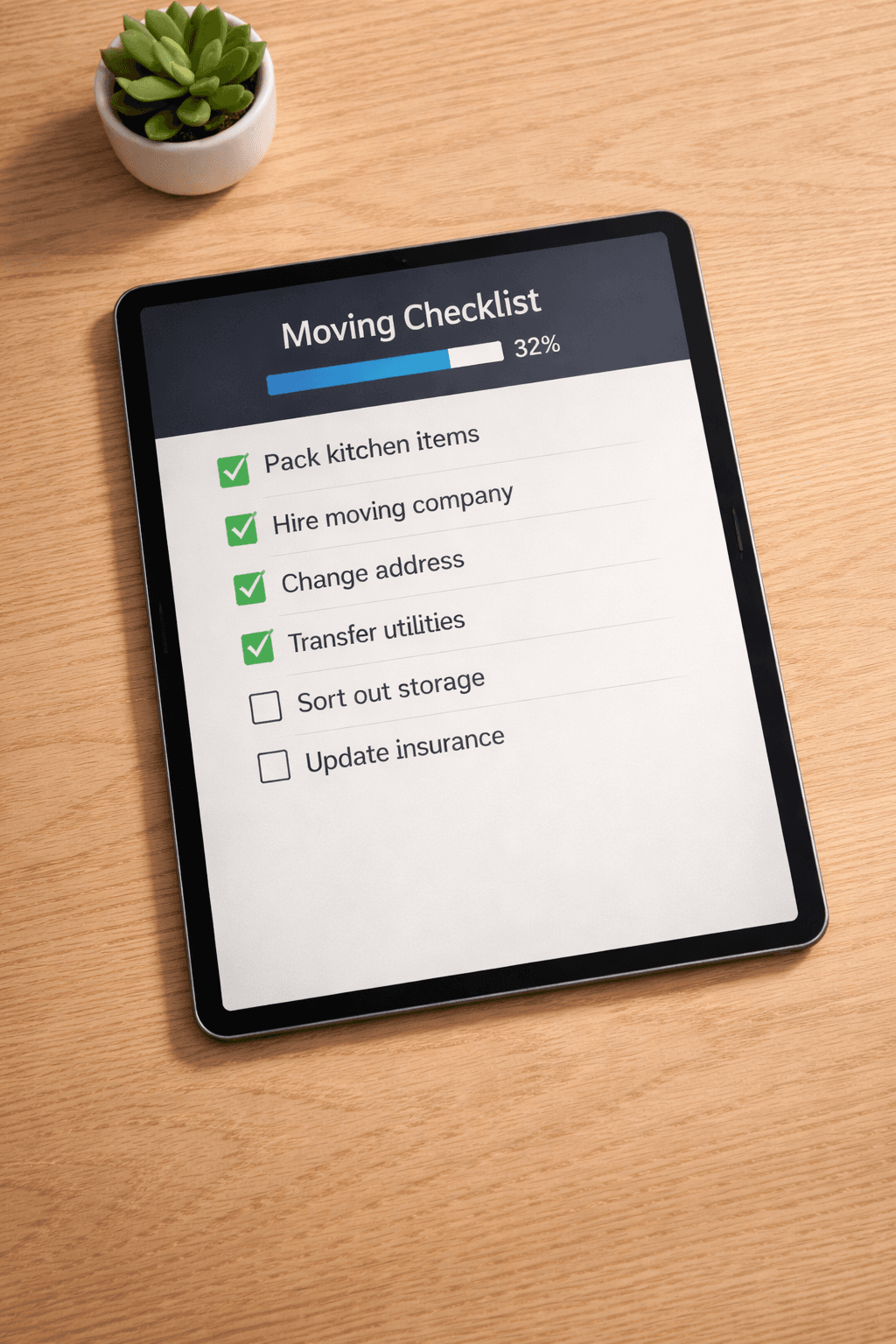 AddressGenie free moving checklist with 128 tasks on tablet