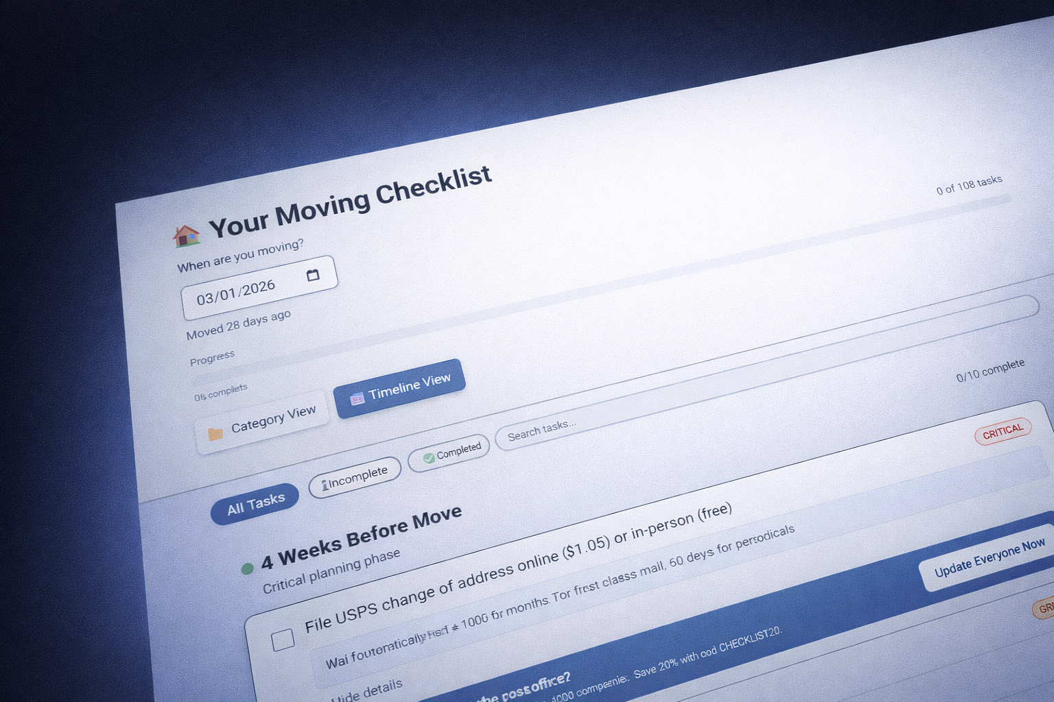 Moving checklist app showing organized tasks and built-in helpers